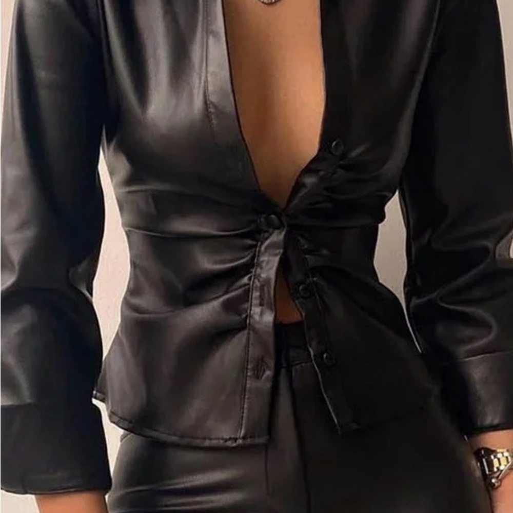 Women’s Black Faux Leather Button-Down Shirt